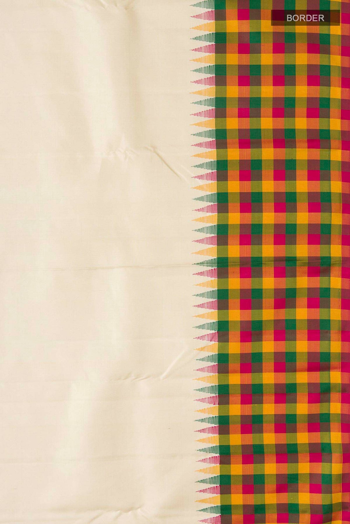 Border image of Cream Kanchipuram Silk Saree with Plain Body and Checks Border