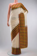 Cream Kanchipuram Silk Saree with Plain Body and Checks Border displayed on a mannequin