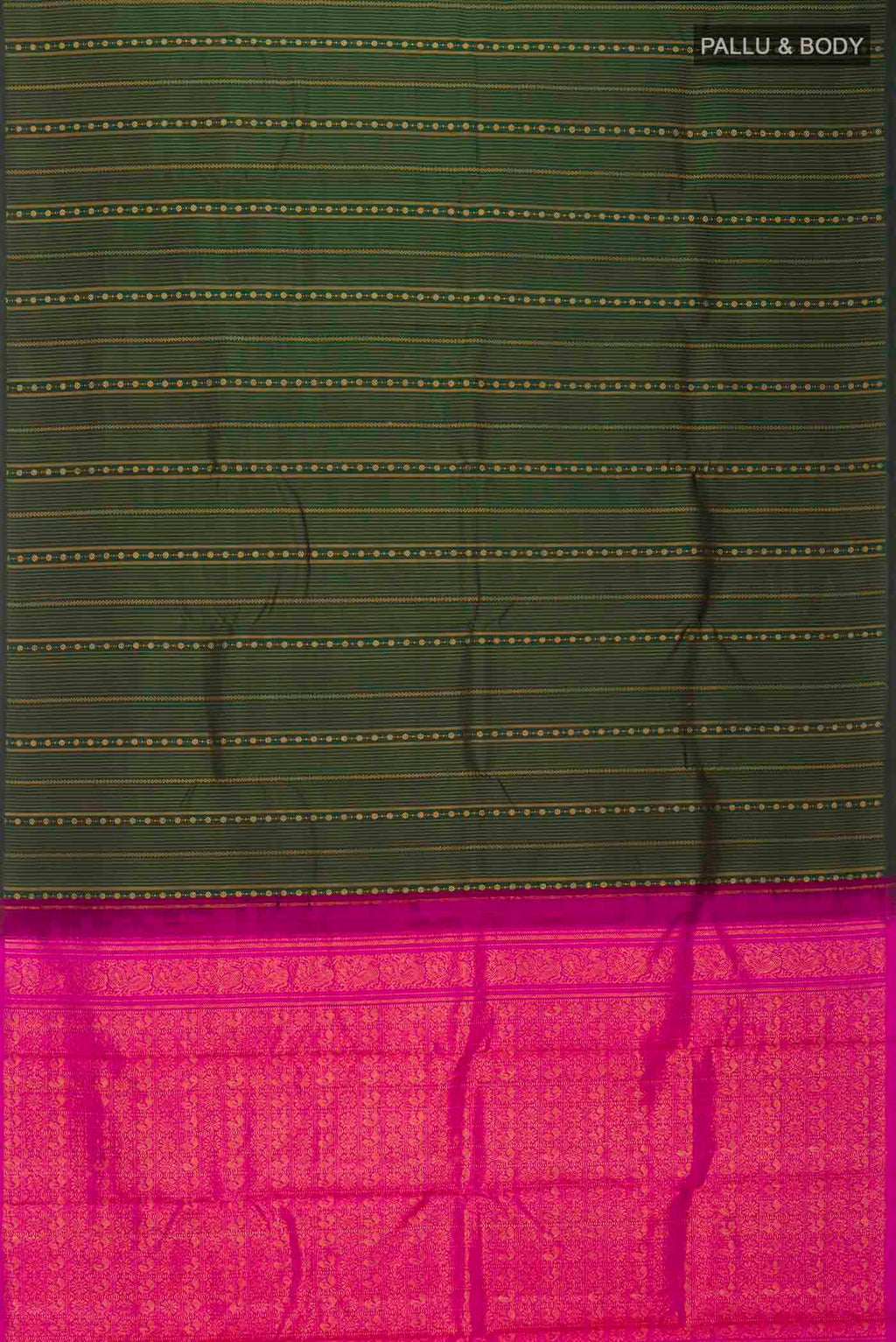 Flat view of Green Kanchipuram Silk Saree with Stripes on the body and Without Border