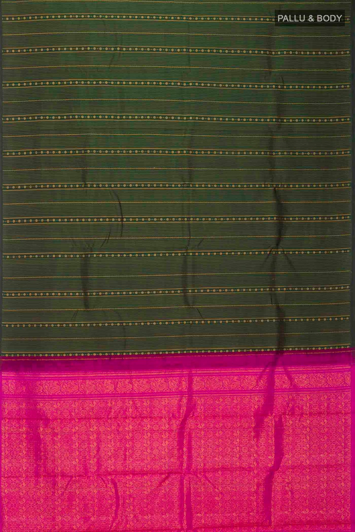 Flat view of Green Kanchipuram Silk Saree with Stripes on the body and Without Border