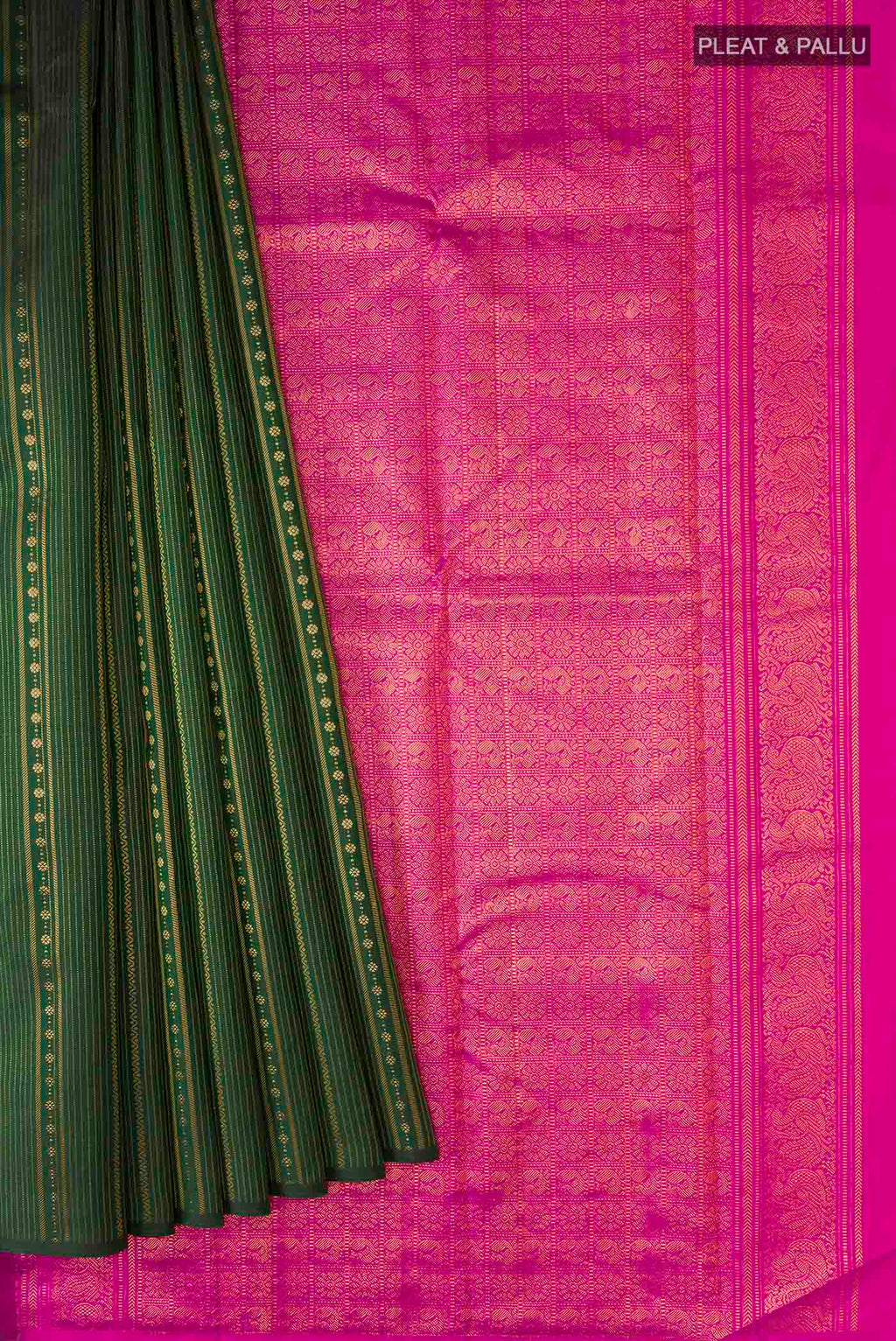 Pleats and pallu of Green Kanchipuram Silk Saree with Stripes on the body and Without Border