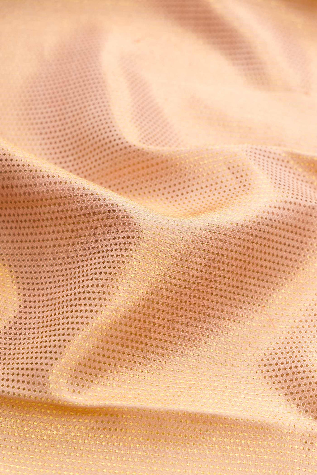 Close up of Rose Gold Kanchipuram Silk Saree with Zari Brocade on the body and Zari Border displaying folds