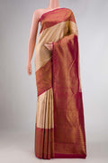 Rose Gold Kanchipuram Silk Saree with Zari Brocade on the body and Zari Border displayed on a mannequin