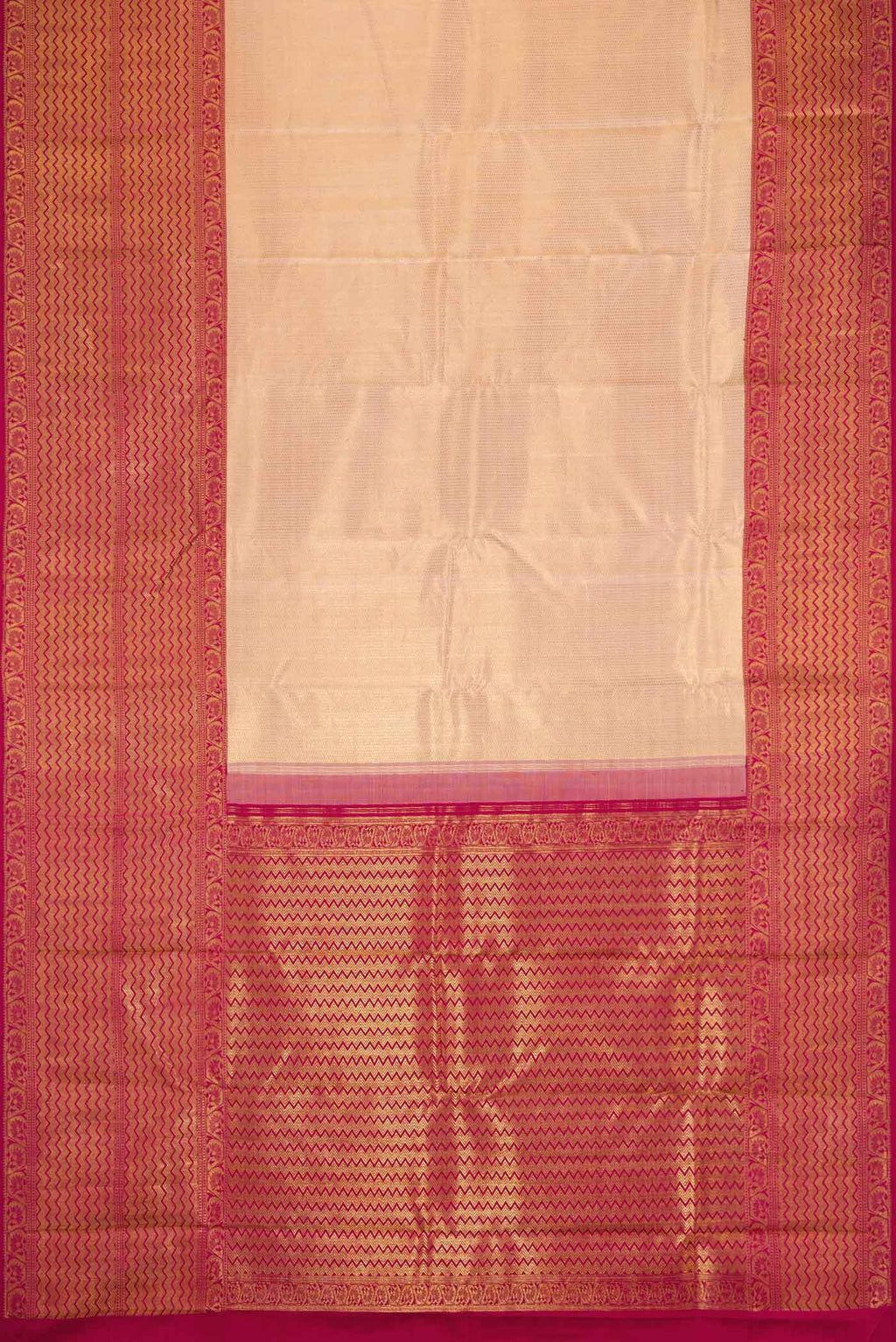 Flat view of Rose Gold Kanchipuram Silk Saree with Zari Brocade on the body and Zari Border