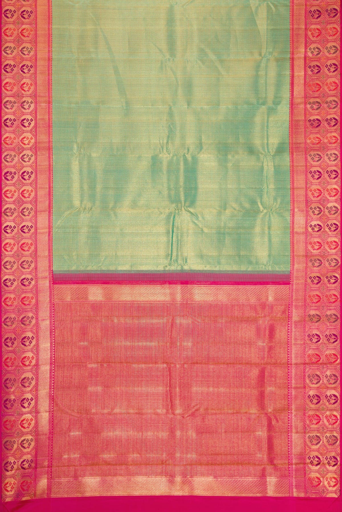 Flat view of Mehandi Green Dual Tone Kanchipuram Silk Saree with Zari Brocade on the body and Fancy Border. 