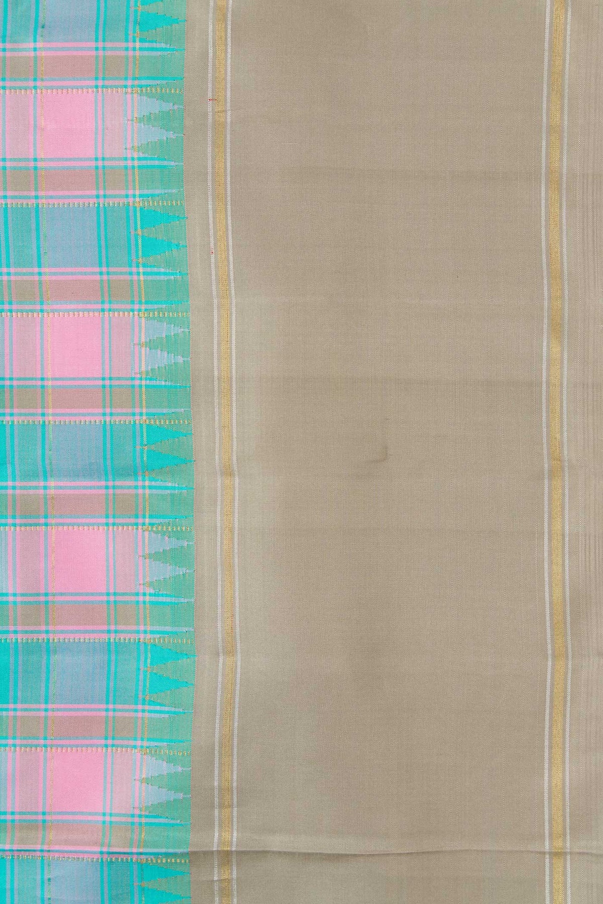 Border image of Pure Silk Pure Zari Sky Blue, Pink and Grey Color Kanchipuram Saree with Checked design on the body and Zari Border
