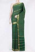 Bottle Green Dual Tone Mysore Silk Saree with Stripes on the body and Zari Border.  displayed on a mannequin