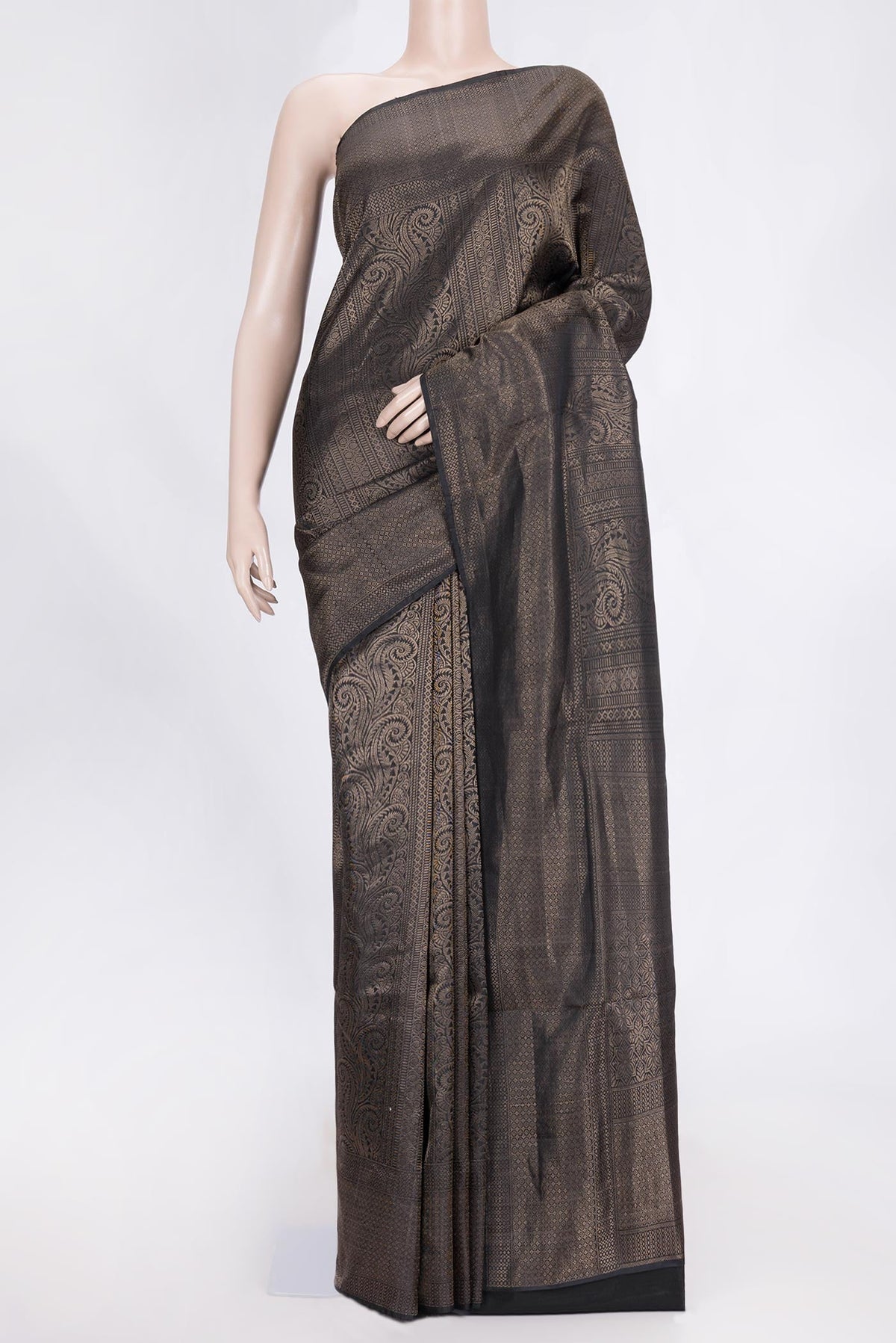 Black Dual Tone Soft Silk Saree with Zari Brocade on the body and Zari Border.  displayed on a mannequin