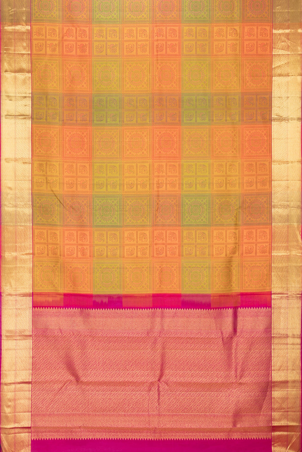 Flat view of Mustard Dual Tone Kanjivaram Silk Saree with Jacquard design on the body and Zari Border. 