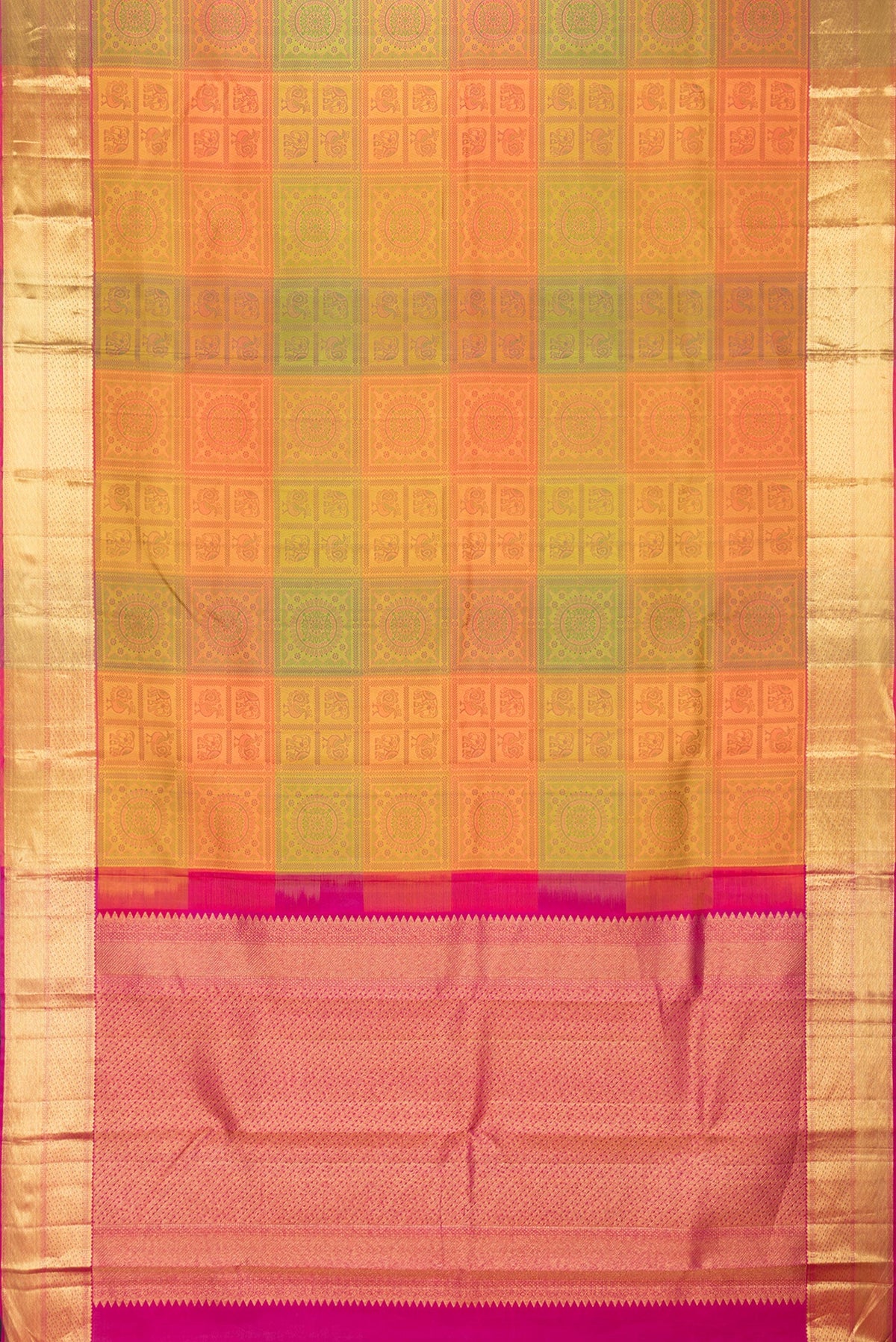 Flat view of Mustard Dual Tone Kanjivaram Silk Saree with Jacquard design on the body and Zari Border. 
