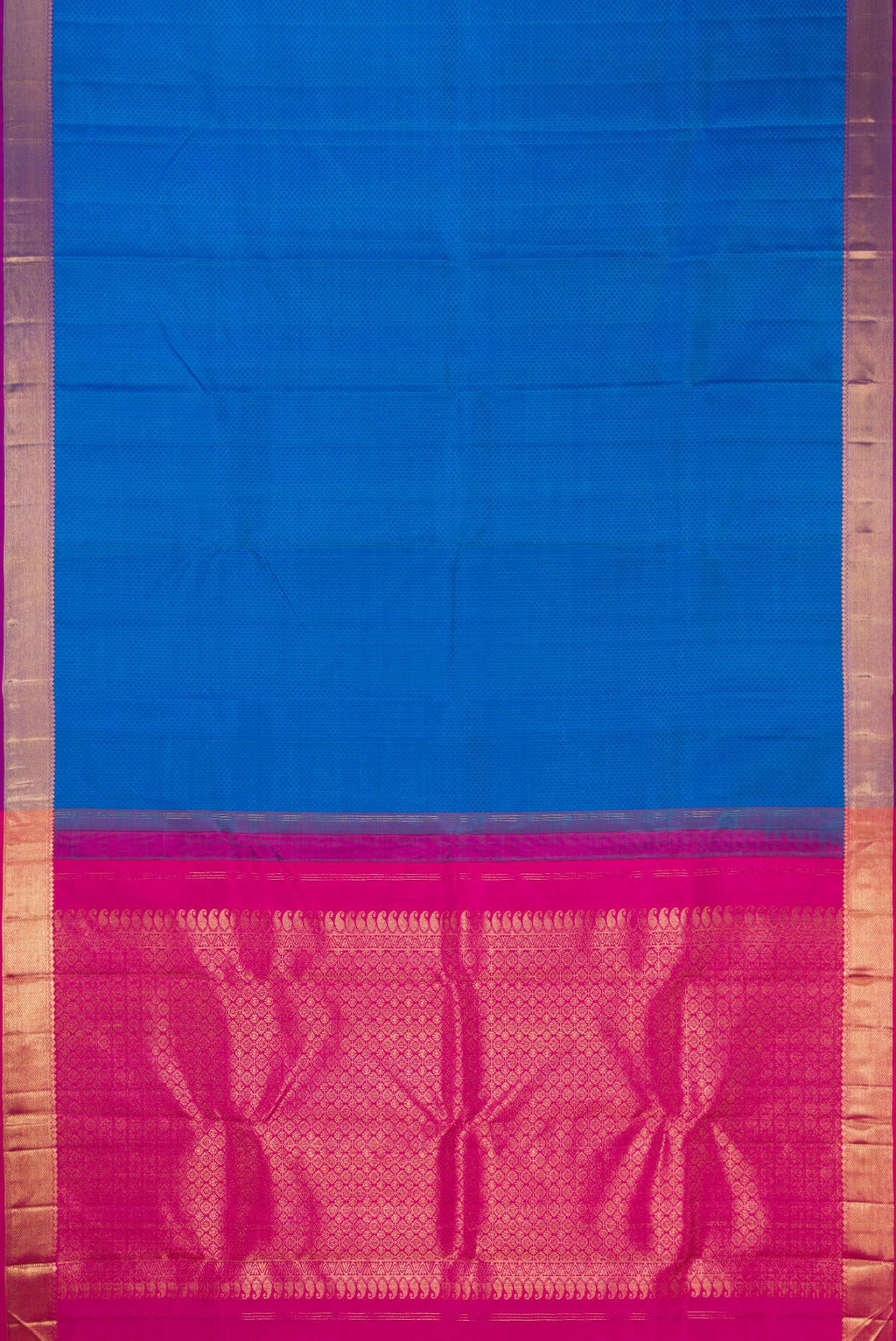 Flat view of Royal Blue Dual Tone Kanjivaram Silk Saree with Jacquard design on the body and Zari Border. 