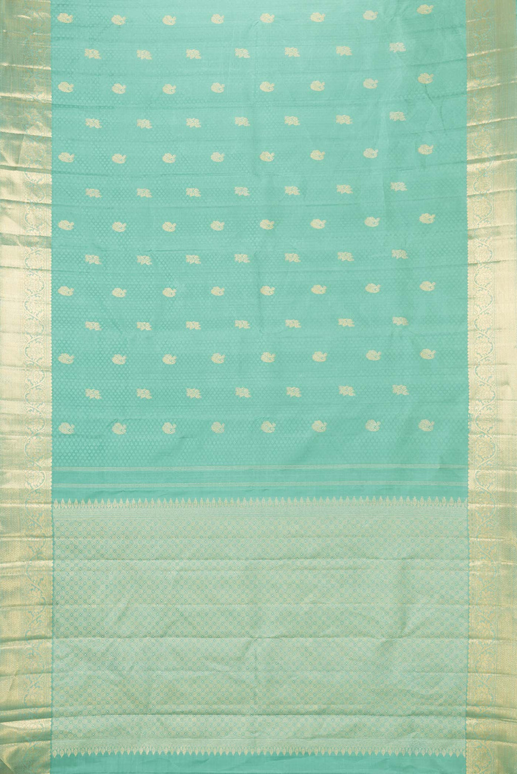 Flat view of Pure Silk Pure Zari Green Dual Tone Kanchipuram Saree with Jacquard With Zari Butta on the body and Zari Border