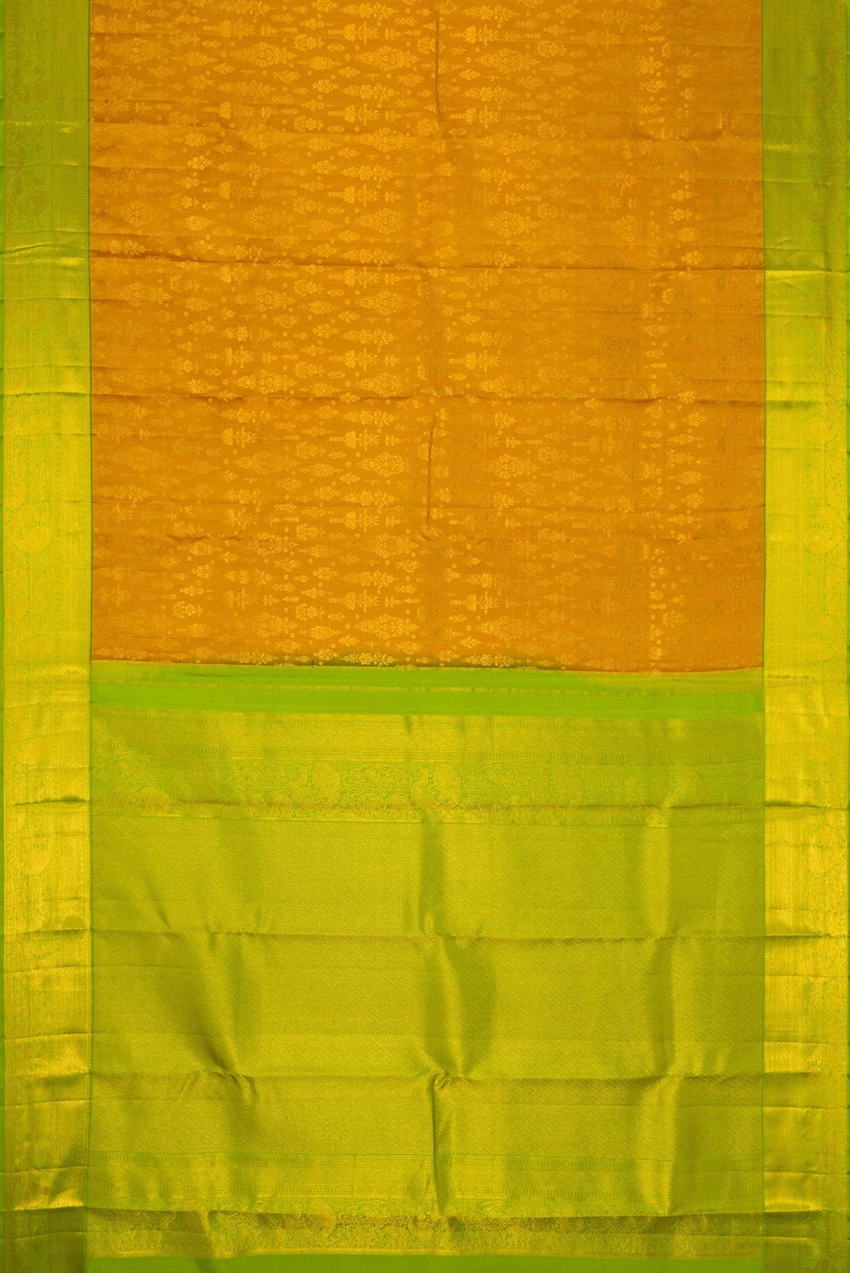Flat view of Gold Dual Tone Kanchipuram Silk Saree with Zari Brocade on the body and Zari Border. 