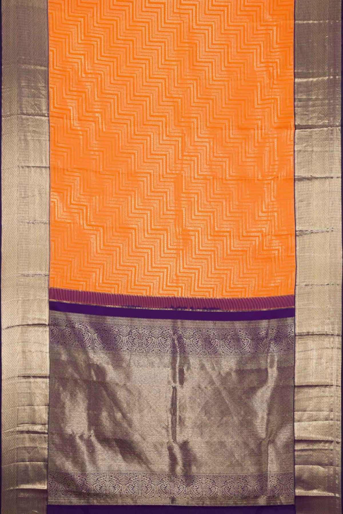 Flat view of Orange Dual Tone Kanchipuram Silk Saree with Zari Brocade on the body and Zari Border. 