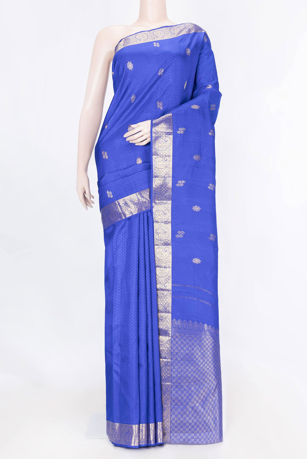 Pure Silk Pure Zari Royal Blue Dual Tone Kanchipuram Saree with Jacquard With Zari Butta on the body and Zari Border displayed on a mannequin