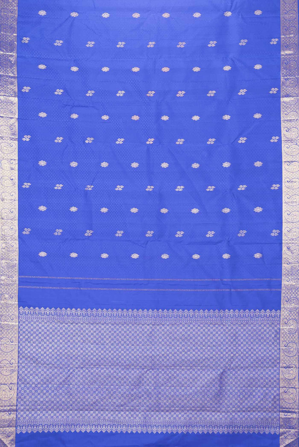Flat view of Pure Silk Pure Zari Royal Blue Dual Tone Kanchipuram Saree with Jacquard With Zari Butta on the body and Zari Border