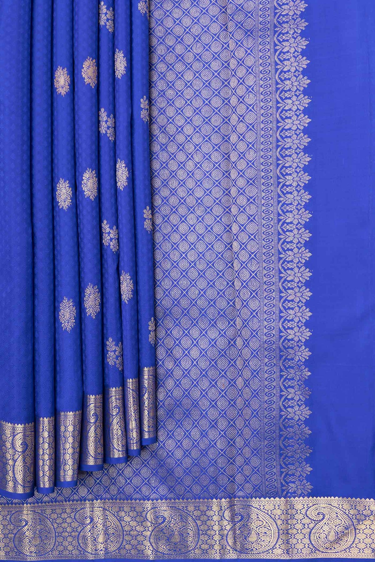 Pleats and pallu of Pure Silk Pure Zari Royal Blue Dual Tone Kanchipuram Saree with Jacquard With Zari Butta on the body and Zari Border