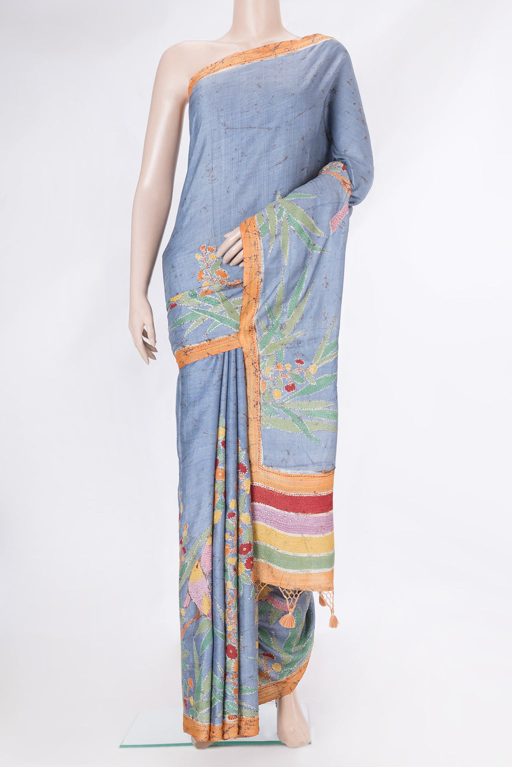 Blue Tussar Silk Saree with Kantha Work on the body and Embroidery Border.  displayed on a mannequin