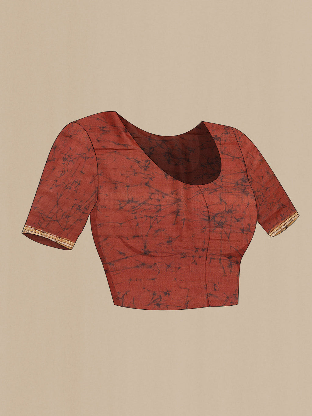 Close up image of the blouse of Brick Orange Tussar Silk Saree with Embroidery on the body and Embroidery Border. 