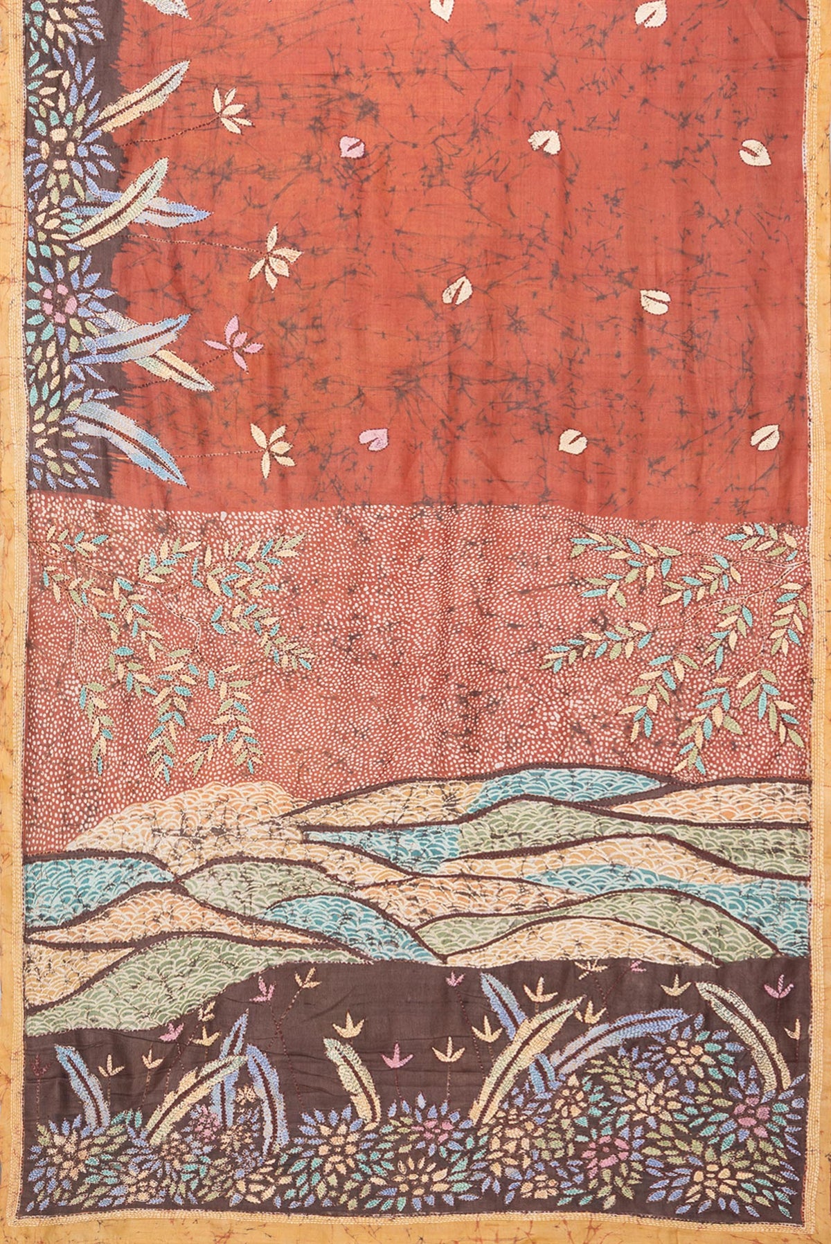 Flat view of Brick Orange Tussar Silk Saree with Embroidery on the body and Embroidery Border. 