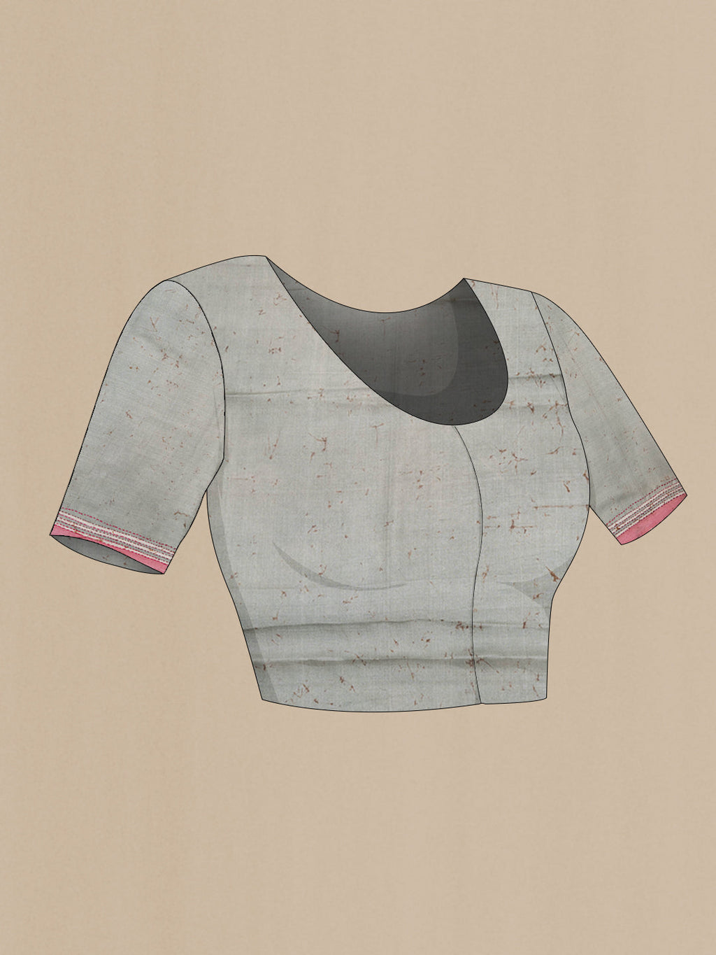 Close up image of the blouse of Grey Tussar Silk Saree with Embroidery on the body and Embroidery Border. 