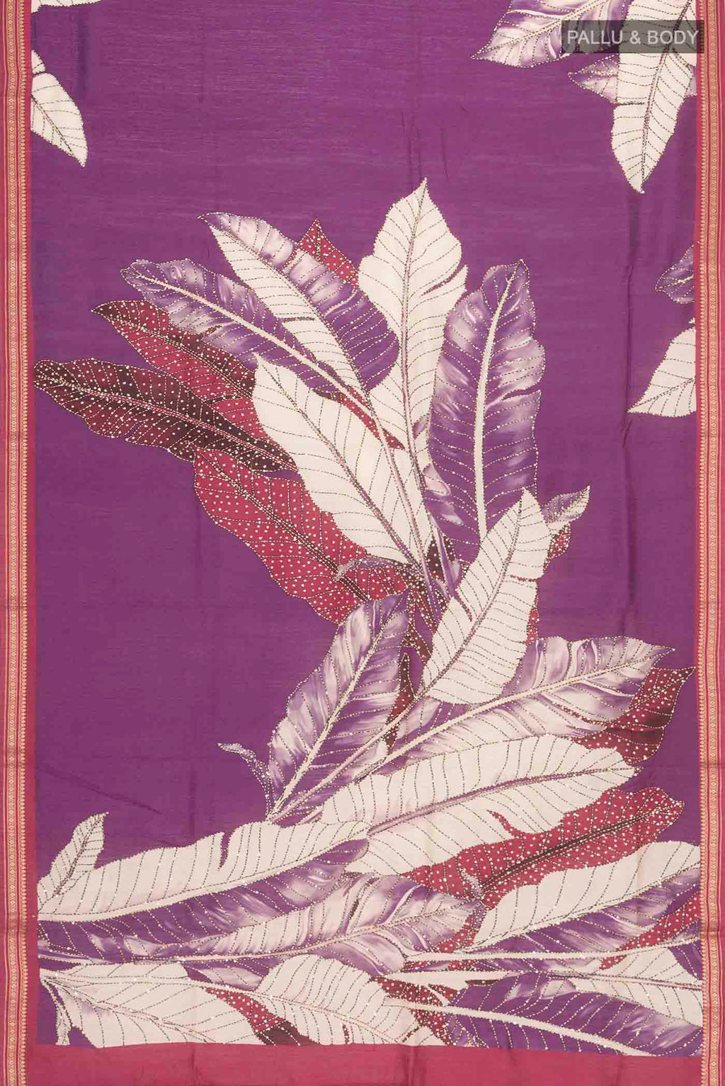 Flat view of Magenta Bhagalpuri Tussar Silk Saree with Embroidery on the body and Plain Border
