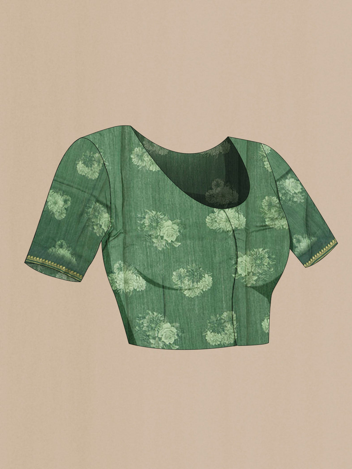 Close up image of the blouse of Green Tussar Silk Saree with Thread Butta on the body and Zari Border
