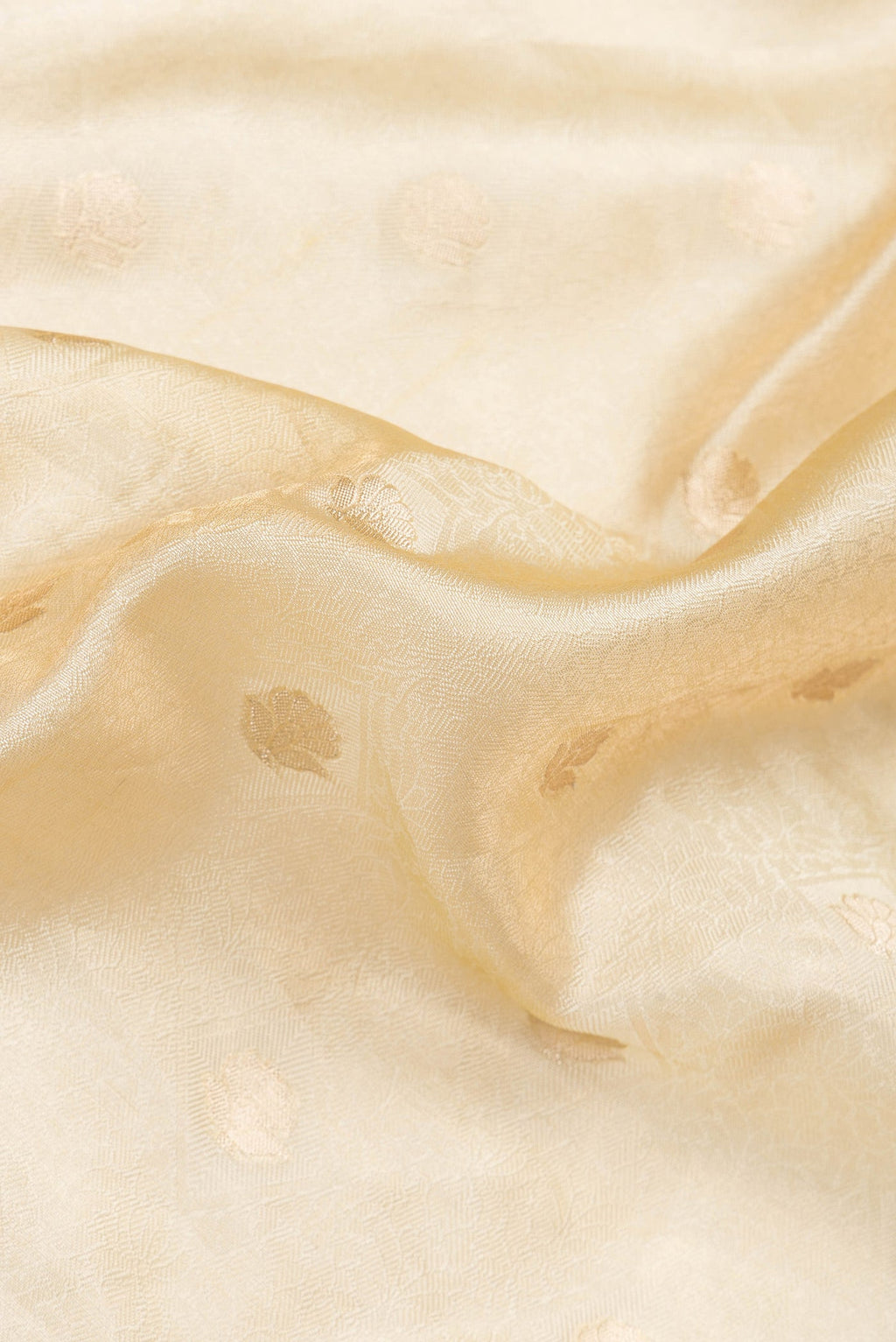 Close up of Sandal Dual Tone Organza Silk Saree with Zari Brocade on the body and Zari Border.  displaying folds
