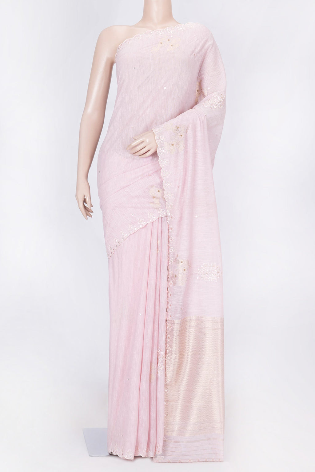 Pink Dual Tone Linen Saree with Embroidery on the body and Embroidery Border displayed on a mannequin