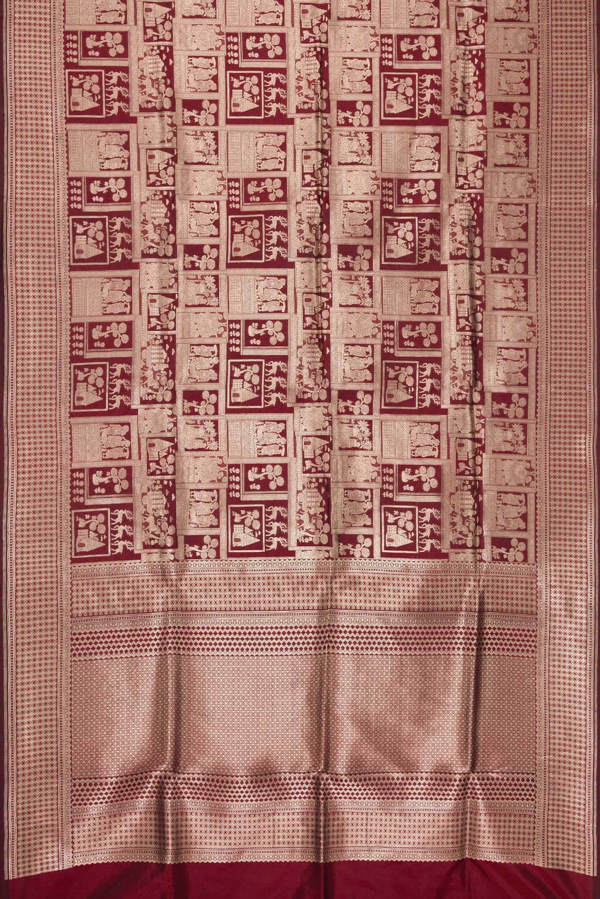 Flat view of Maroon Dual Tone Banarasi Silk Saree with Zari Brocade on the body and Zari Border. 