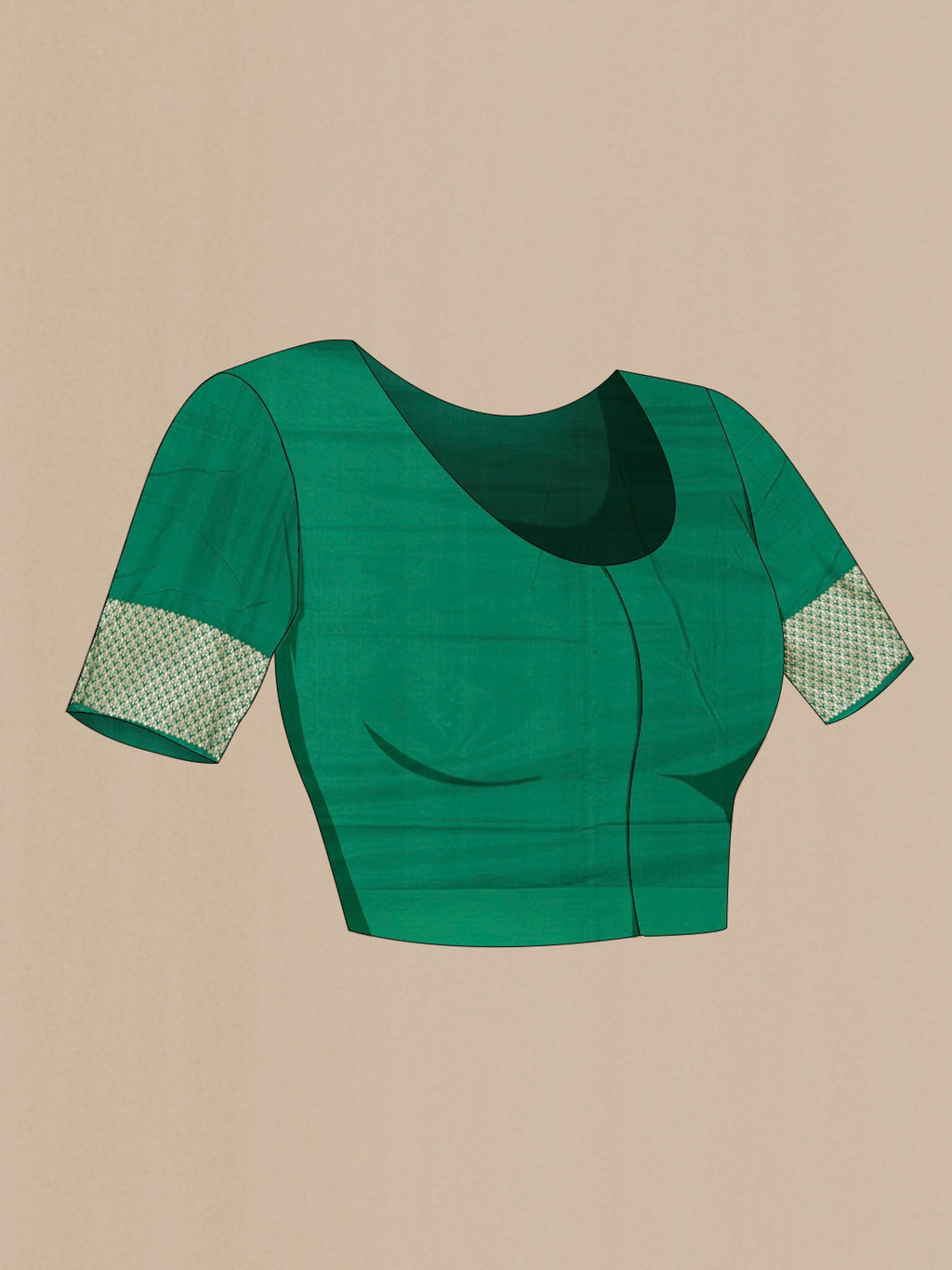 Close up image of the blouse of Green Banarasi Silk Saree with Zari Butta on the body and Zari Border