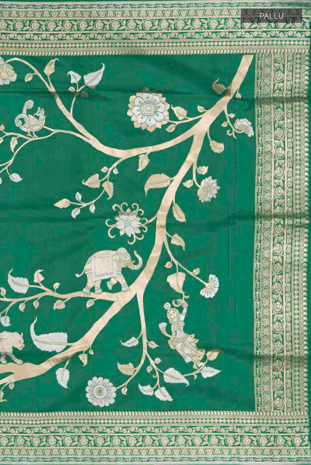 Close up image of the pallu of Green Banarasi Silk Saree with Zari Butta on the body and Zari Border