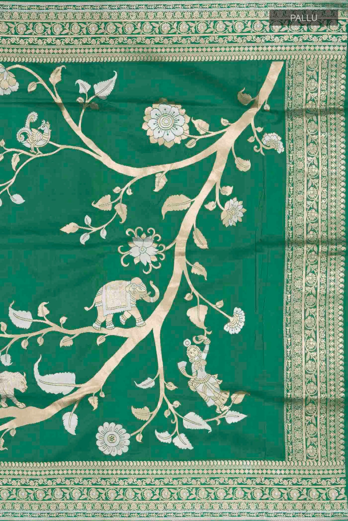 Close up image of the pallu of Green Banarasi Silk Saree with Zari Butta on the body and Zari Border