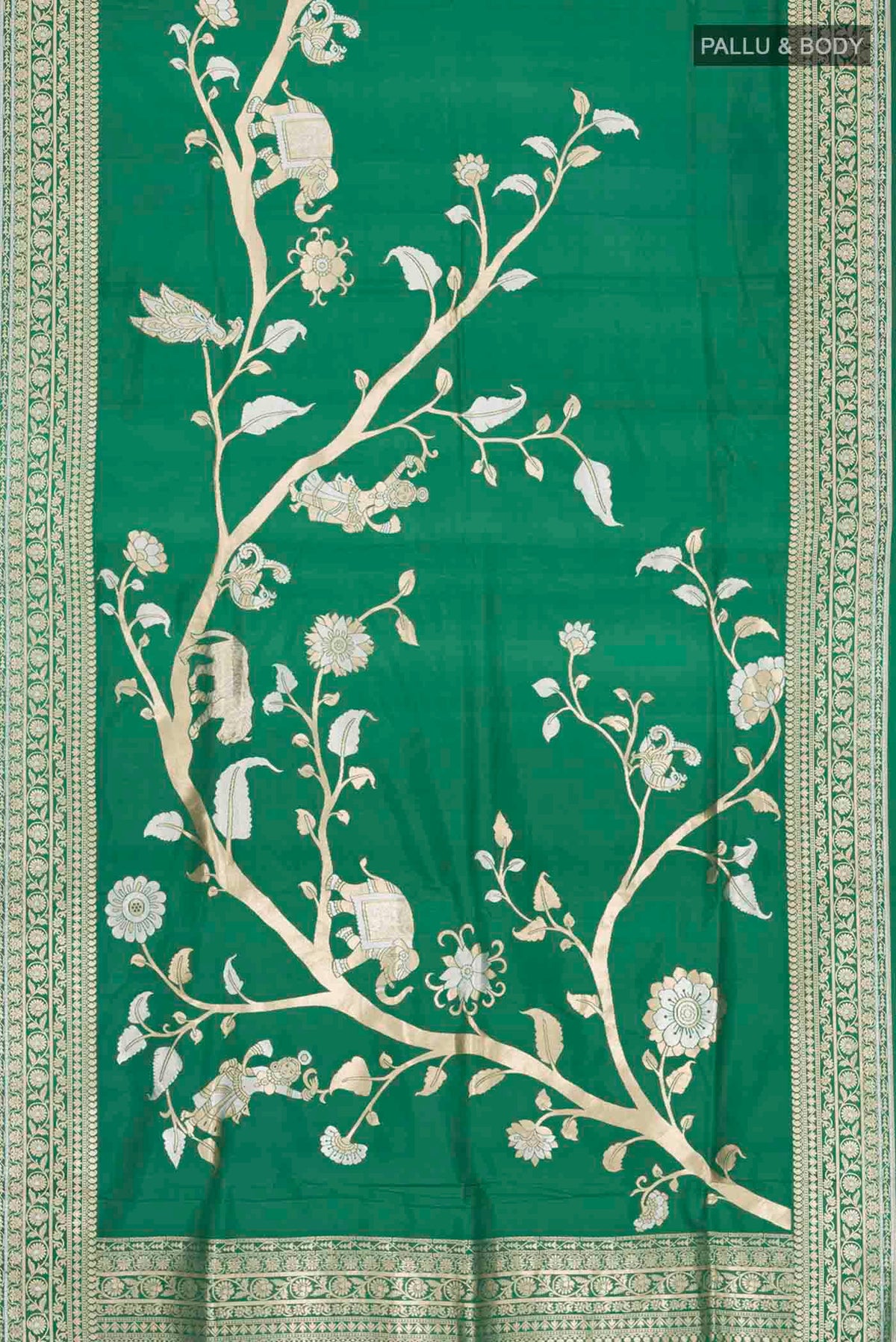 Flat view of Green Banarasi Silk Saree with Zari Butta on the body and Zari Border