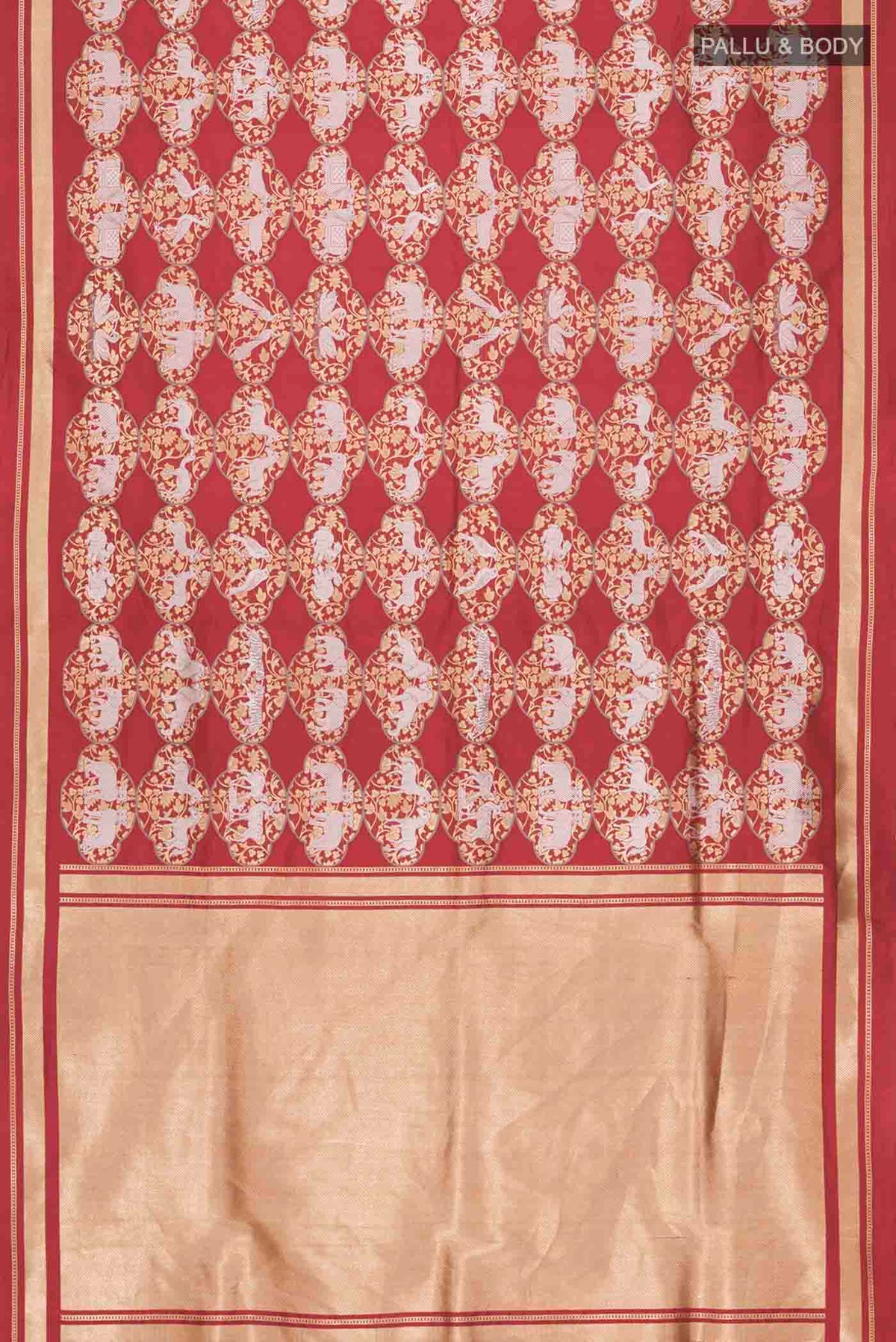 Flat view of Maroon Banarasi Silk Saree with Zari Butta on the body and Zari Border