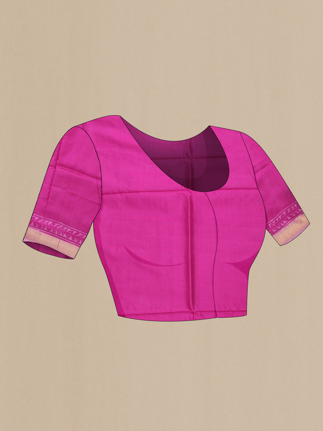 Close up image of the blouse of Pink Tussar Silk Saree with Printed design on the body and Zari Border. 