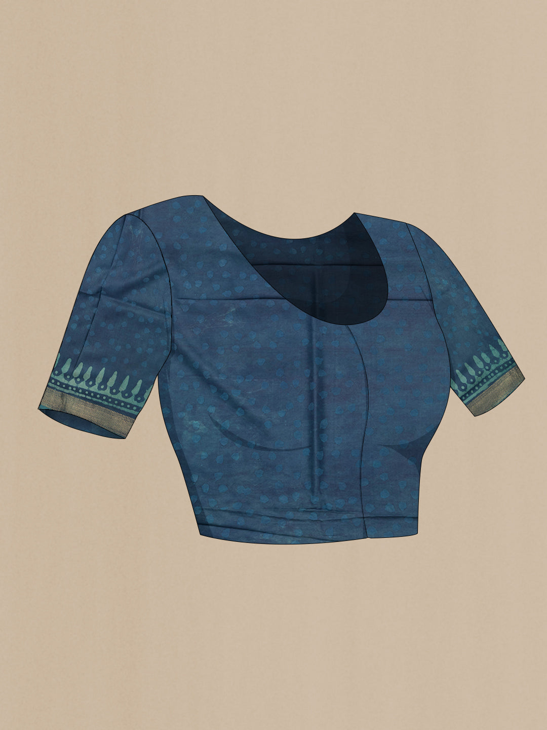 Close up image of the blouse of Peacock Blue Dual Tone Tussar Silk Saree with Printed design on the body and Zari Border. 