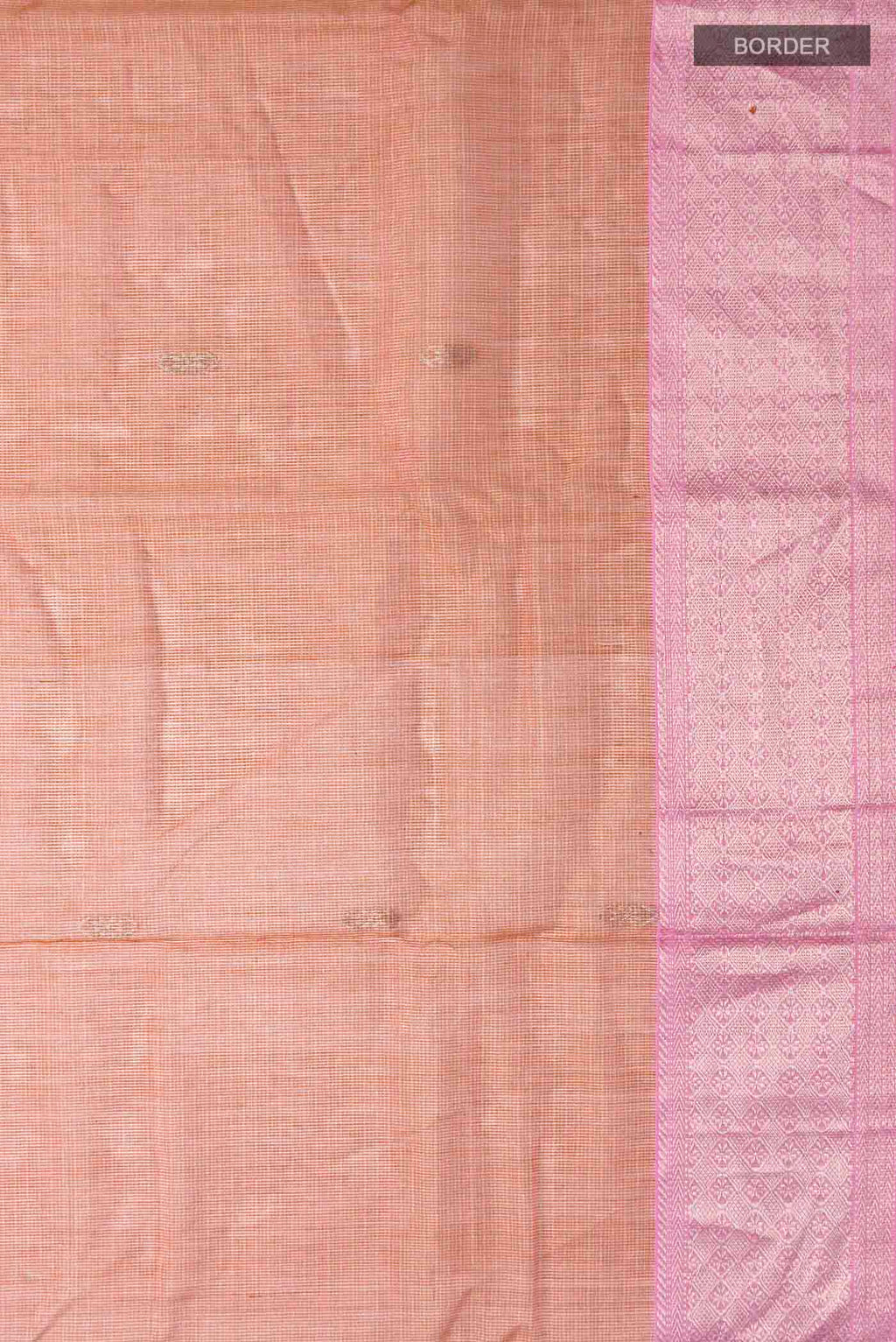 Border image of Peach Maheshwari Silk Cotton Saree with Zari Butta on the body and Zari Border