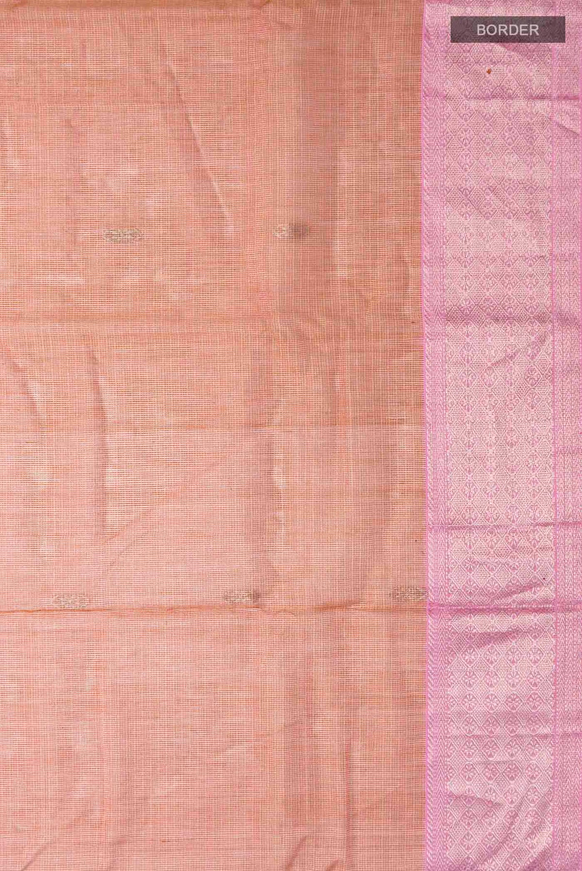 Border image of Peach Maheshwari Silk Cotton Saree with Zari Butta on the body and Zari Border