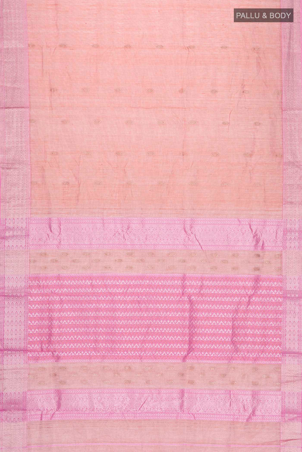 Flat view of Peach Maheshwari Silk Cotton Saree with Zari Butta on the body and Zari Border