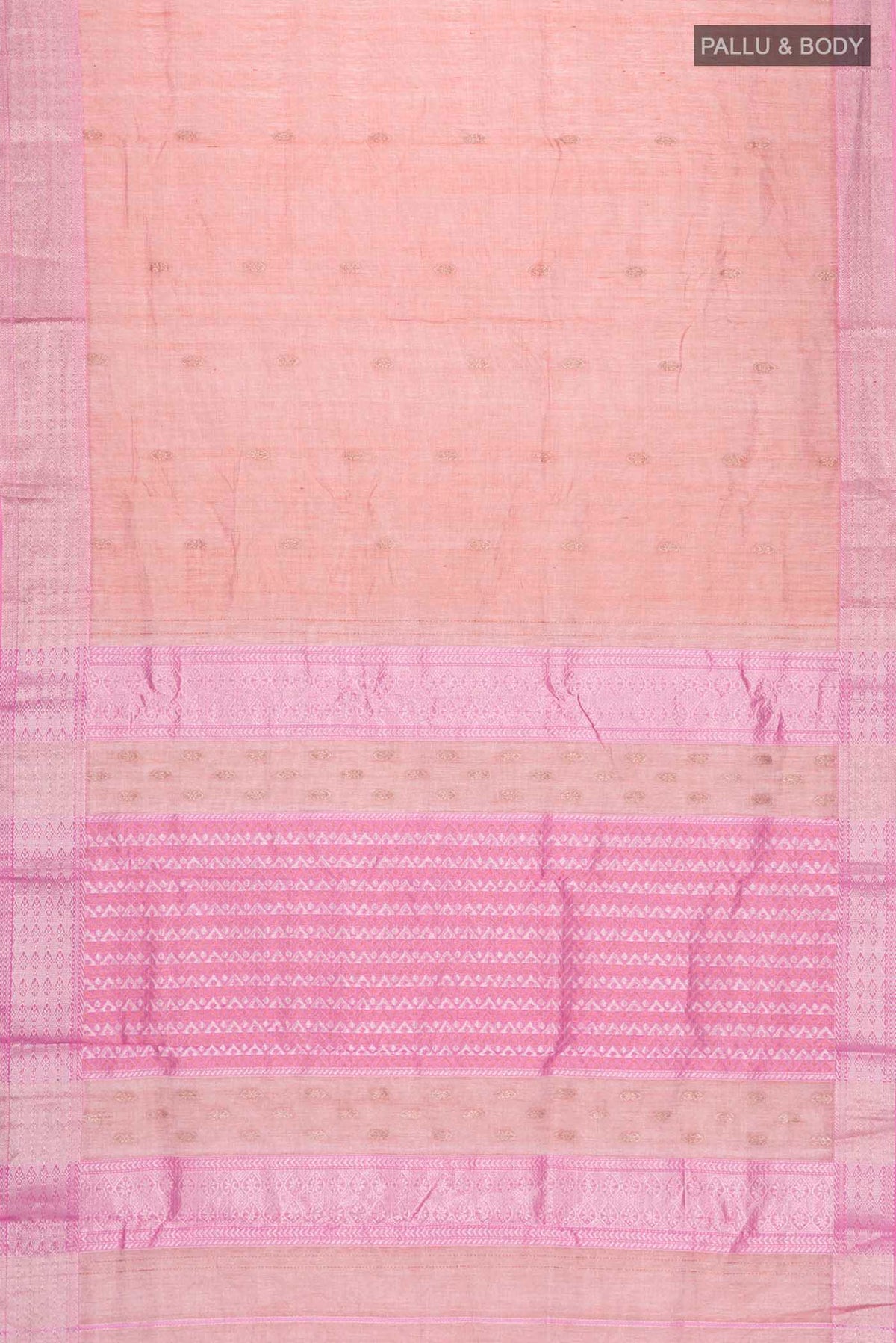Flat view of Peach Maheshwari Silk Cotton Saree with Zari Butta on the body and Zari Border