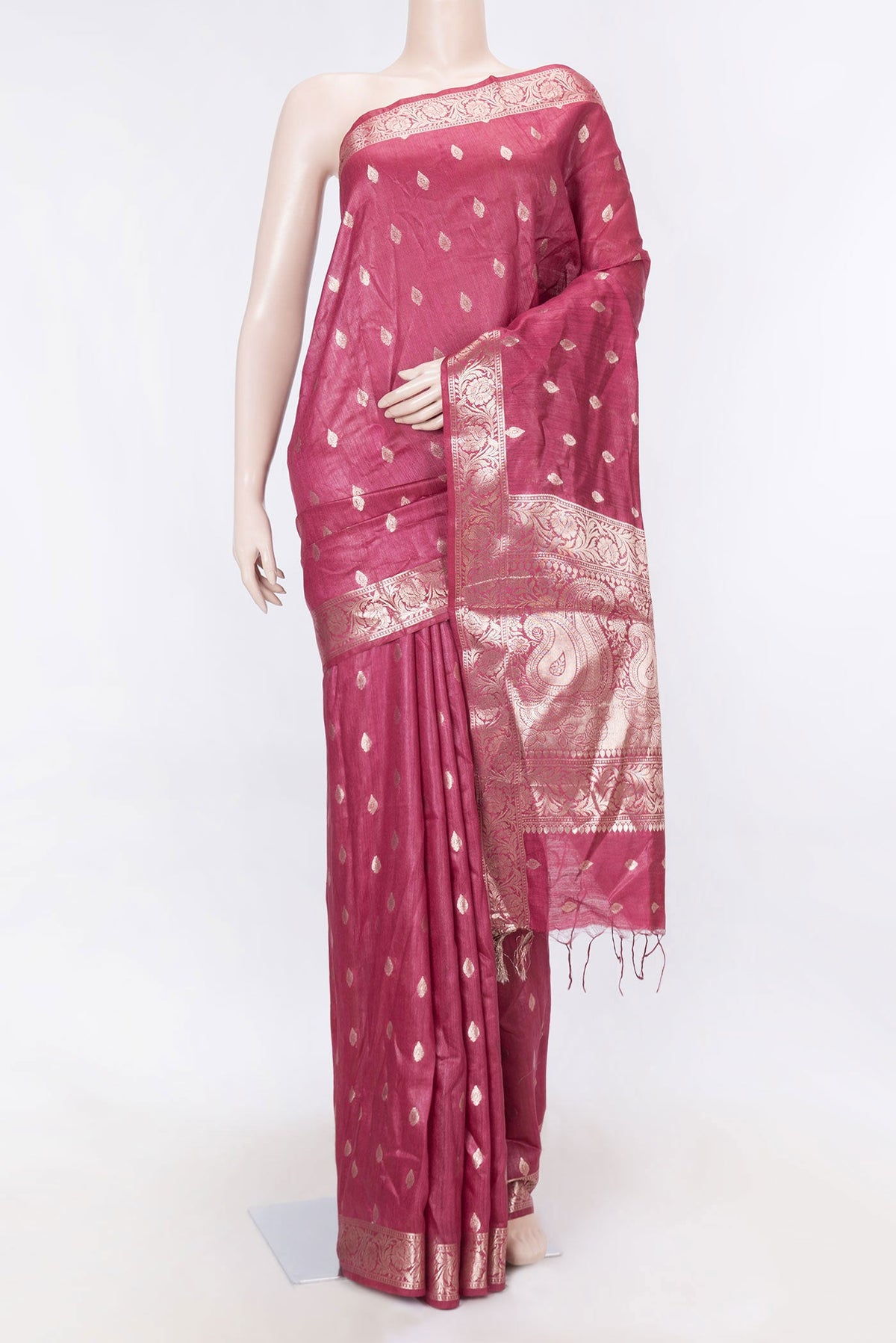 Maroon Dual Tone Tussar Saree with Zari Butta on the body and Zari Border displayed on a mannequin