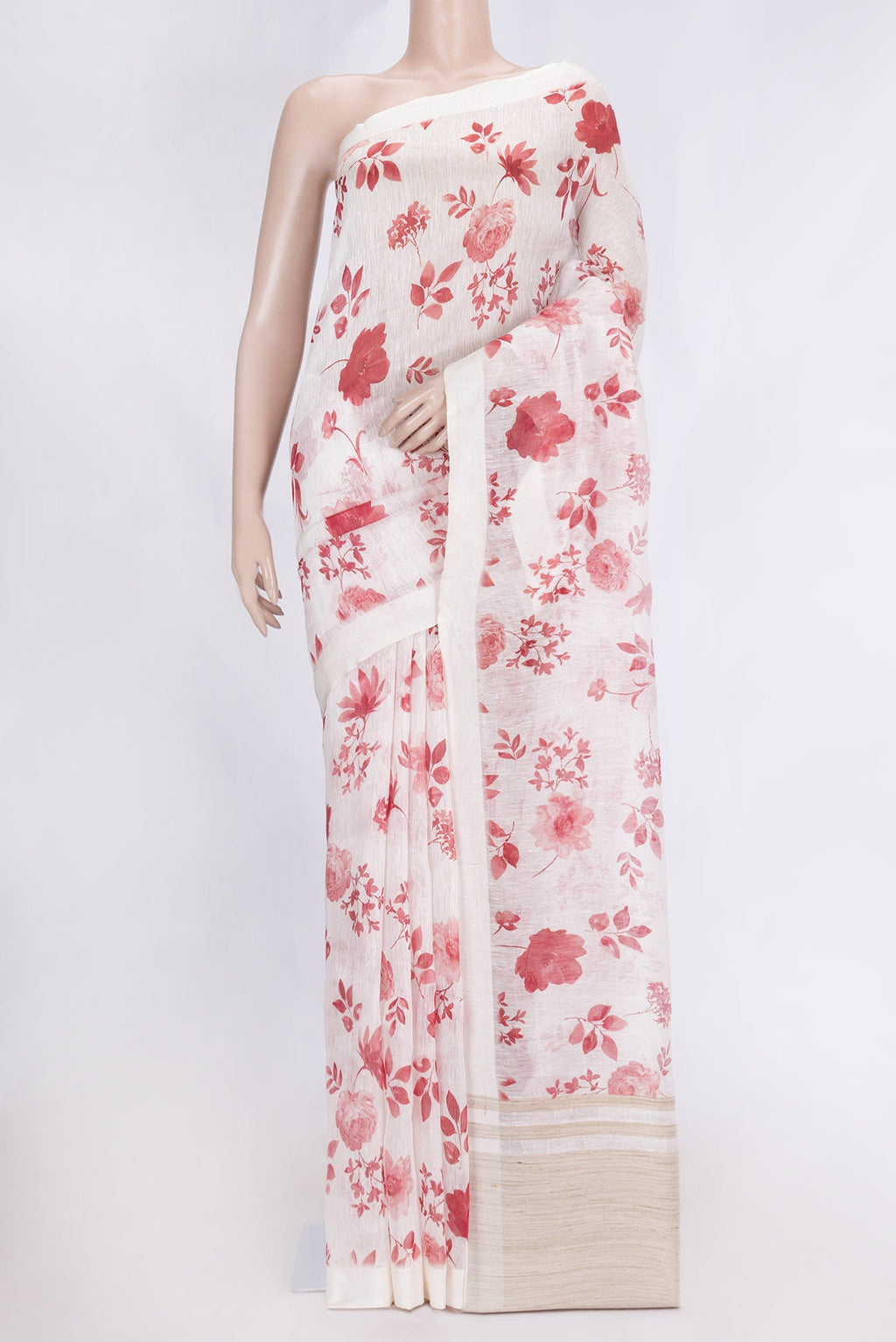 Off White Dual Tone Linen Saree with Printed design on the body and Plain Border.  displayed on a mannequin