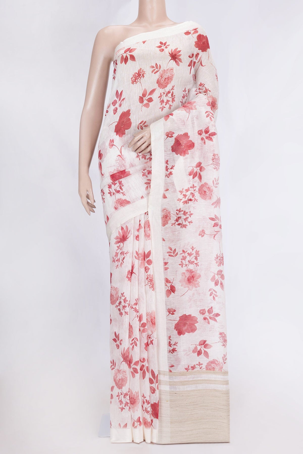 Off White Dual Tone Linen Saree with Printed design on the body and Plain Border.  displayed on a mannequin