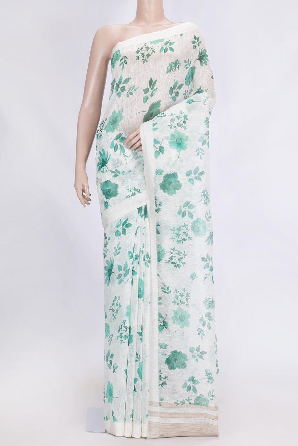 Off White Dual Tone Linen Saree with Printed design on the body and Plain Border.  displayed on a mannequin