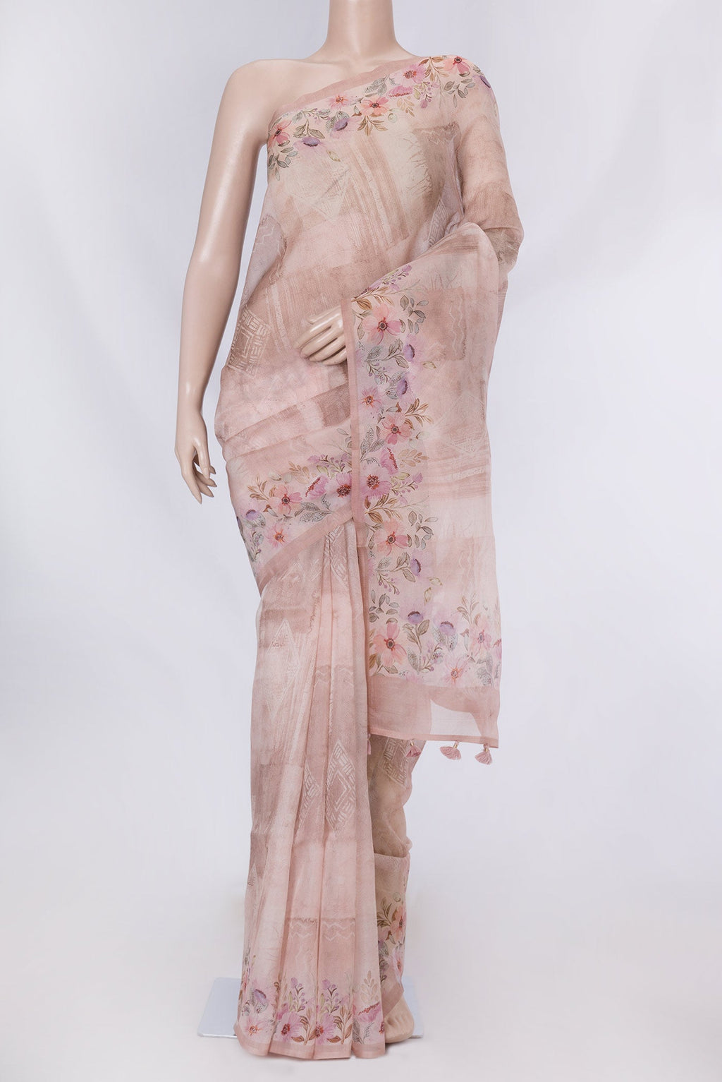 Golden Peach Dual Tone Organza Silk Saree with Printed design on the body and Printed Border displayed on a mannequin