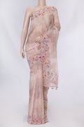 Golden Peach Dual Tone Organza Silk Saree with Printed design on the body and Printed Border displayed on a mannequin