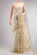 Off White Dual Tone Kanchipuram Silk Saree with Zari Brocade on the body and Zari Border.  displayed on a mannequin