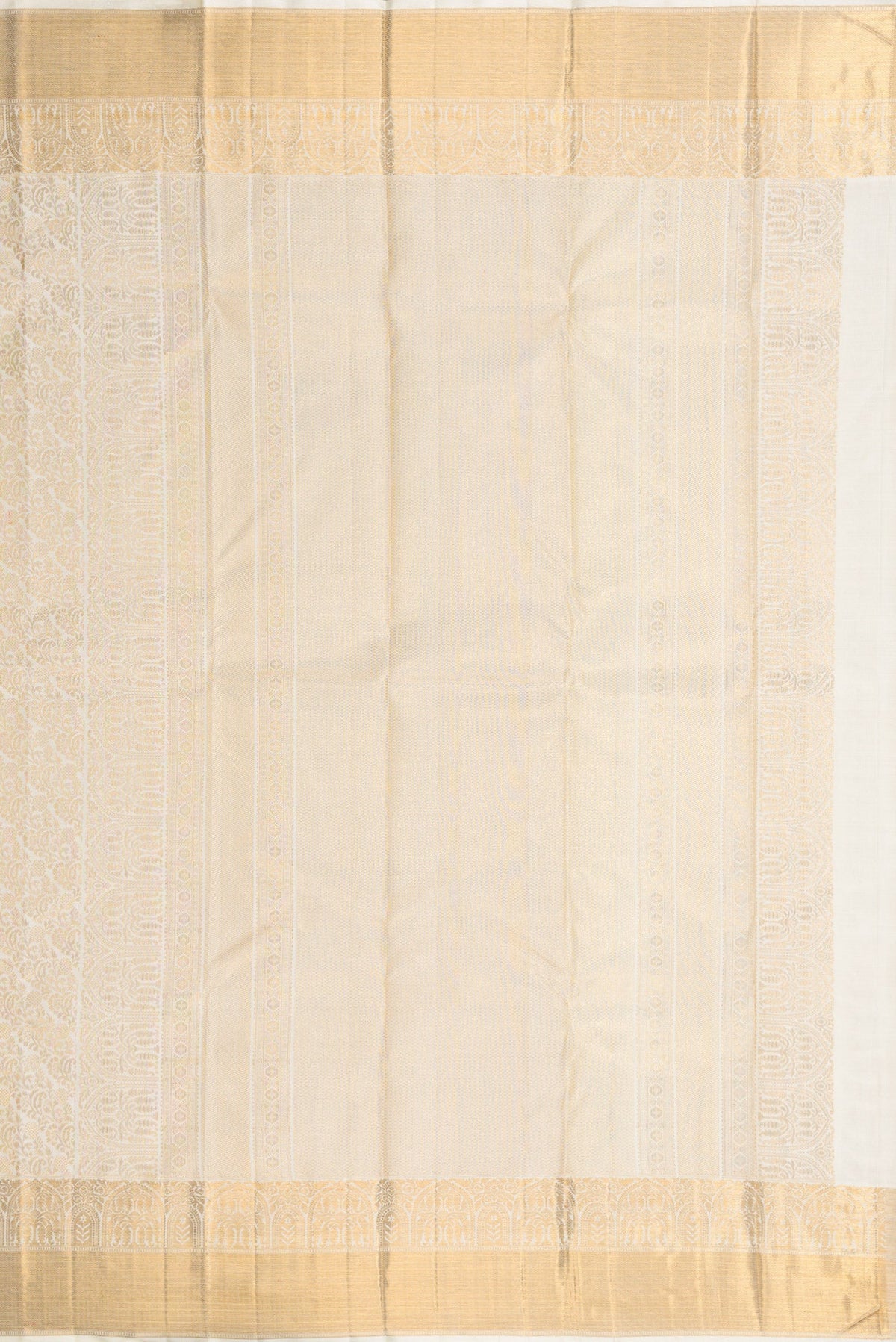 Close up image of the pallu of Off White Dual Tone Kanchipuram Silk Saree with Zari Brocade on the body and Zari Border. 