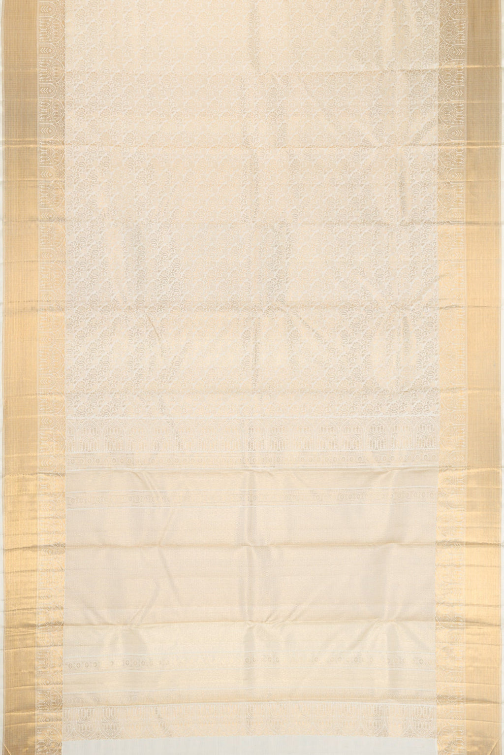 Flat view of Off White Dual Tone Kanchipuram Silk Saree with Zari Brocade on the body and Zari Border. 